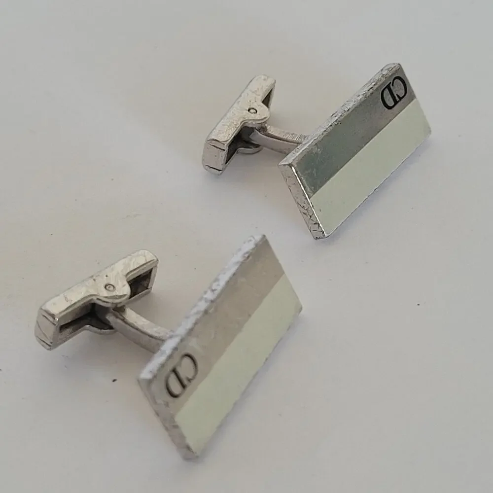 Christian Dior Gold Tone Logo‎ Cufflinks Vintage Square Retro Designer Bullet